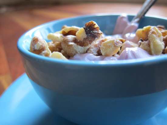 Greek yogurt in a blue cup with walnuts 2